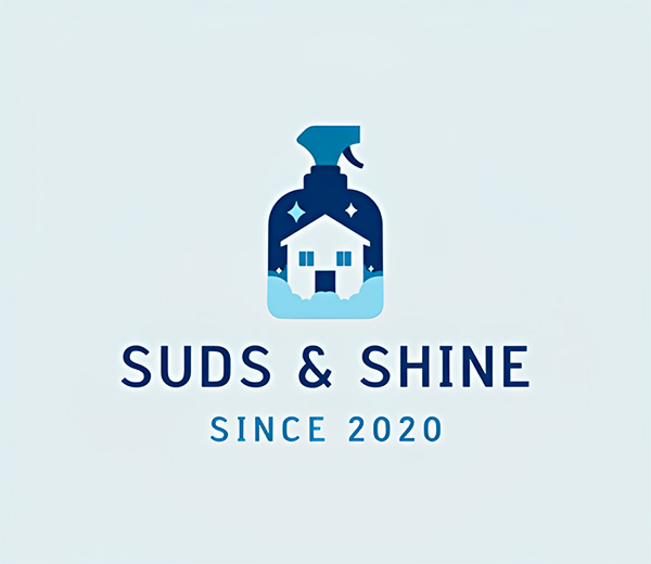 Logo for Suds & Shine shows a spray bottle with bubbles and a house inside, plus text SUDS & SHINE SINCE 2020 below on a light blue background.