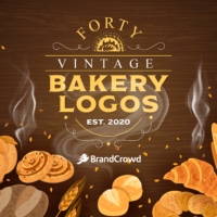 the-forty-vintage-bakery-logos-roundup-blog-header-features-a-vintage-typography-with-illustrations-of-various-baked-goods-against-a-brown-background